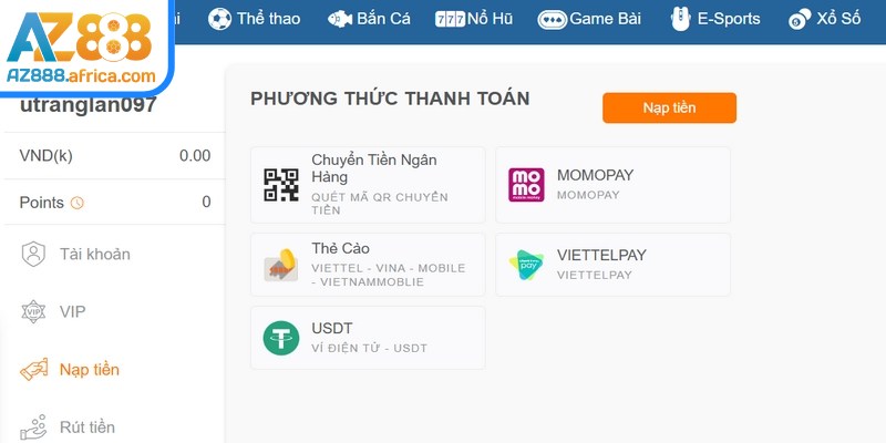 Giao diện  nạp tiền AZ888 đa phương thức trực quan 