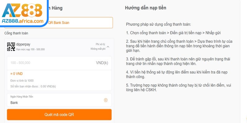 Hướng dẫn  nạp tiền AZ888 QR thanh toán nhanh 
